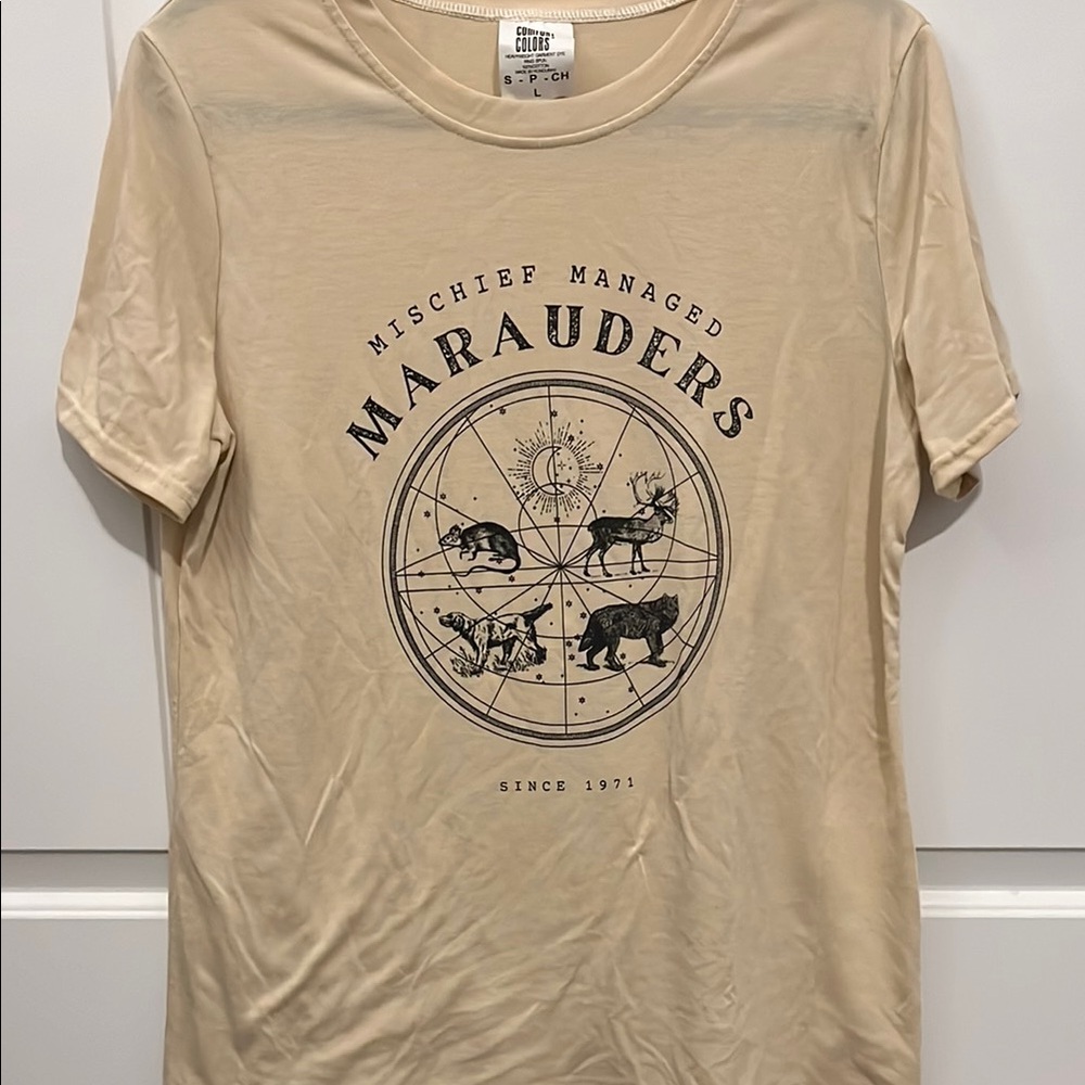 Harry Potter Themed Tee; Tan Short Sleeve Tee with Graphic; Marauder’s Map
